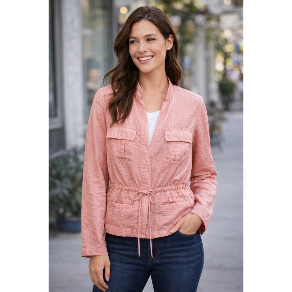 ELLE Womens Pink Ruffle Utility Jacket Drawstring Waist Lightweight L